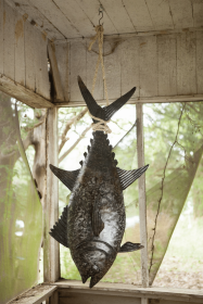 Recycled Hand Hammered Metal 3D Tuna W Sisal Rope