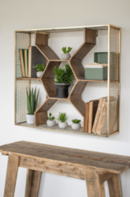 Wooden Honey Comb Shelf W Ant Brass Finish Metal Mesh Frame 30" X 7" X 28"T