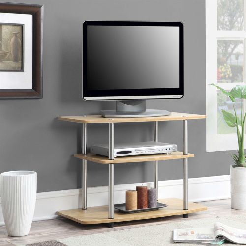 Modern TV Stand Light Oak Wood Finish with Sturdy Stainless Steel Poles