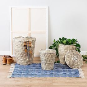 Natural and White Seagrass Accent Tall Basket Set with Lids (Set of 3)