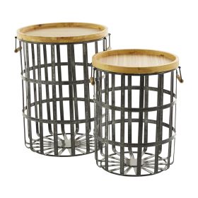 Round galvanized metal decorative basket with wooden lid (set of two)