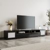 ON-TREND Rattan Style Entertainment Center with Push to Open Doors, 3-pics Extended TV Console Table for TVs Up to 90'', Modern TV Stand with Color Ch
