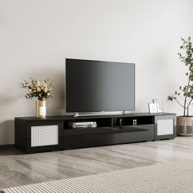 ON-TREND Rattan Style Entertainment Center with Push to Open Doors, 3-pics Extended TV Console Table for TVs Up to 90'', Modern TV Stand with Color Ch