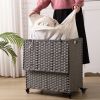Laundry Basket 2 Sections Laundry Basket With Wheels Synthetic Rattan Wicker Hand Woven With Lid And Wheels; Collapsible Clothes Basket; Gray Laundry