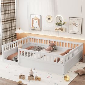 Full Floor Bed Frame with Fence, Wood Kids Floor Beds Frame for Bedroom Playroom,White(Expect arrive date Jul. 10th)