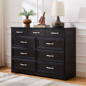 Bedroom dresser, 9 drawer long dresser with antique handles, wood chest of drawers for kids room, living room, entry and hallway, Black