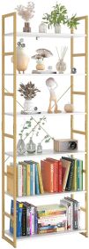 6 tier white and gold bookshelf; freestanding storage shelf with metal frame; tall organizer for living room