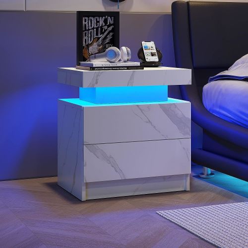 Nightstand LED Bedside Table Cabinet Lights Modern End Side with 2 Drawers for Bedroom (White Stone) Nightstand LED Bedside Table Cabinet Lights Modern End Side with 2 Drawers for Bedroom (White Stone)