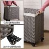Laundry Basket 2 Sections Laundry Basket With Wheels Synthetic Rattan Wicker Hand Woven With Lid And Wheels; Collapsible Clothes Basket; Gray Laundry