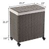 Laundry Basket 2 Sections Laundry Basket With Wheels Synthetic Rattan Wicker Hand Woven With Lid And Wheels; Collapsible Clothes Basket; Gray Laundry