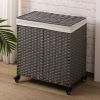 Laundry Basket 2 Sections Laundry Basket With Wheels Synthetic Rattan Wicker Hand Woven With Lid And Wheels; Collapsible Clothes Basket; Gray Laundry