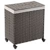 Laundry Basket 2 Sections Laundry Basket With Wheels Synthetic Rattan Wicker Hand Woven With Lid And Wheels; Collapsible Clothes Basket; Gray Laundry